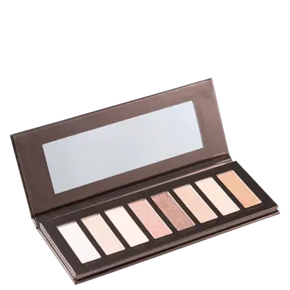 Paleta de sombras de maquiagem em embalagem retangular marrom, contendo 10 tons de sombras em diferentes tons de bege, rosa e bronze.