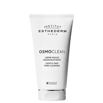 Bisnaga branca com rótulo preto e branco da marca Institut Esthederm Paris, contendo o produto Osmoclean, um creme de limpeza suave para os poros.