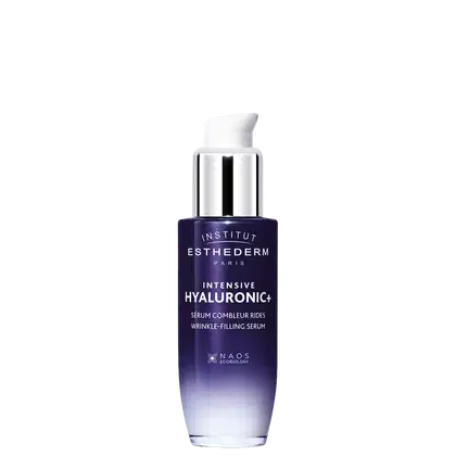 Frasco de soro facial Intensive Hyaluronic+ da marca Esthederm Paris, com embalagem em tons de roxo e branco, contendo informações sobre o produto e sua tecnologia NAOS Ecobiology.