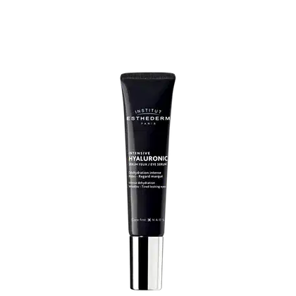 Tubo contendo "Intensive Hyaluronic Sérum Luxo/Olhos" para hidratação intensa e redução de sinais de envelhecimento.