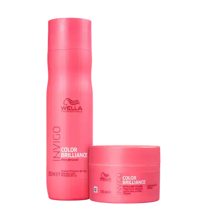 Dois produtos da linha Wella Professionals Color Brilliance, com embalagens em tom de rosa vibrante. Um frasco de shampoo e um pote de máscara, ambos com o nome da linha e o texto "with lime caviar" visível.