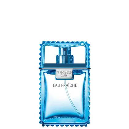 A imagem mostra uma frasco de perfume masculino da Versace. O frasco tem forma retangular e bordas onduladas em um tom de azul vibrante. O nome "Versace Man Eau Fraîche" está impresso em letras brancas sobre o frasco.