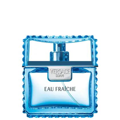 A imagem mostra uma frasco de perfume masculino da Versace. O frasco tem forma retangular e bordas onduladas em um tom de azul vibrante. O nome "Versace Man Eau Fraîche" está impresso em letras brancas sobre o frasco.