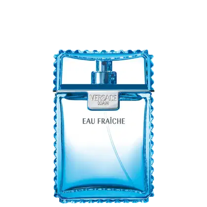 A imagem mostra uma frasco de perfume masculino da Versace. O frasco tem forma retangular e bordas onduladas em um tom de azul vibrante. O nome "Versace Man Eau Fraîche" está impresso em letras brancas sobre o frasco.