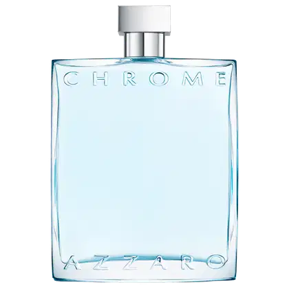 Frasco de perfume Azzaro Chrome, com design moderno e minimalista, em tons de azul claro e branco, com o nome "CHROME" destacado na embalagem.