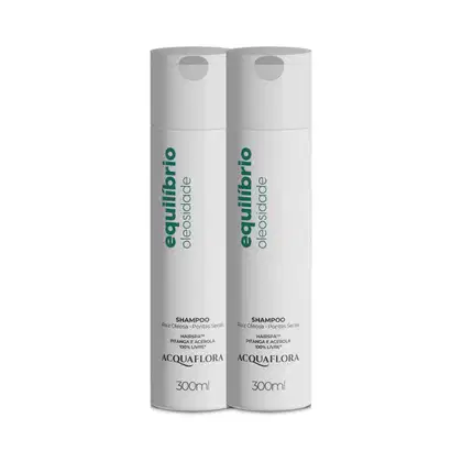 Dois frascos brancos de shampoo da marca Acquaflora, com rótulos verdes indicando o nome do produto "Equilibrio Oleosidade". Cada frasco possui 300ml de capacidade.