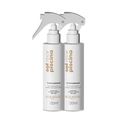 Dois frascos de 120ml do fluido iluminador Sol Mar Piscina da marca Acquaflora, com rótulos brancos e detalhes em dourado, apresentando um design de pulverizador.