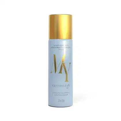 Spray hidratante desodorante corporal da marca Giovanna Baby, em embalagem cilíndrica com tampa dourada, contendo informações sobre o produto em rótulo azul claro.