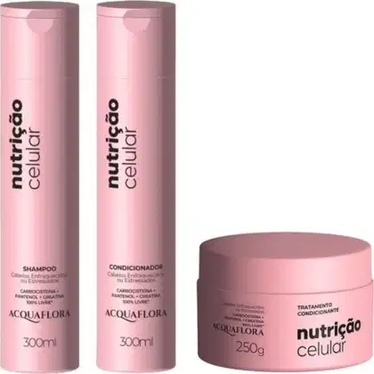 Conjunto de produtos Acquaflora da linha Nutrição Celular: shampoo, condicionador e tratamento capilar em embalagens rosa com rótulos pretos.