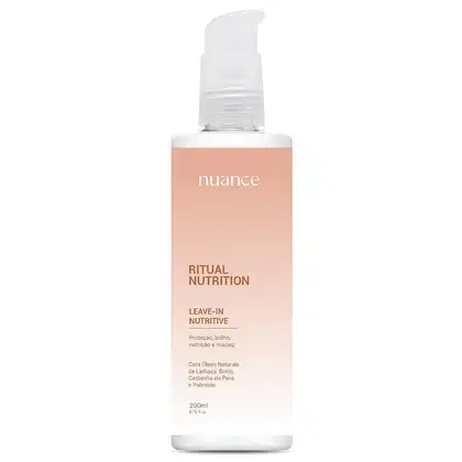Leave-in nutritivo da linha Ritual Nutrition da marca Nuance. O frasco possui uma embalagem branca com detalhes em cor de pêssego, com o nome da marca e do produto claramente visíveis.