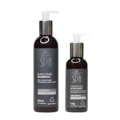 Dois produtos da linha Urbano Spa da marca Grandha: um frasco de 250ml de Shampoo Black Pearl e um frasco de 120g de Coacervado Ultra Resist, ambos com embalagens pretas e detalhes em prata.