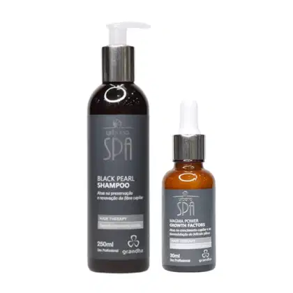 O produto de beleza Grandha Spa inclui um frasco preto com bomba de 250 ml de Shampoo de Pérola Negra e um frasco âmbar de 30 ml de Fatores de Crescimento Magma Power, ambos com rótulos e informações sobre a linha de tratamento capilar.