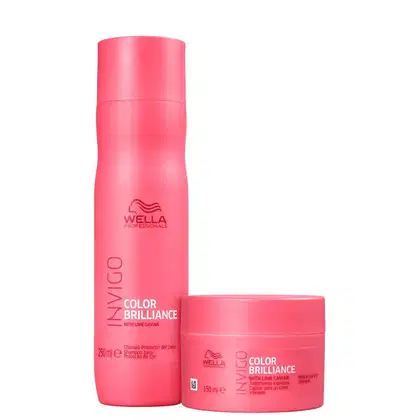Dois produtos da linha Wella Professionals Color Brilliance, com embalagens em tom de rosa vibrante. Um frasco de shampoo e um pote de máscara, ambos com o nome da linha e o texto "with lime caviar" visível.