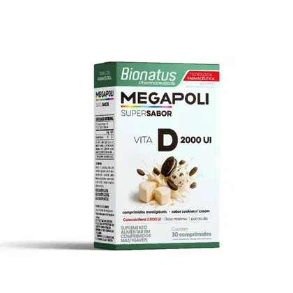 Imagem do produto Suplemento Alimentar Megapoli Vitamina D 2000 UI Sabor Cookies n'Cream Bionatus 30 Comprimidos Mastigáveis