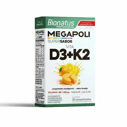 Imagem do produto Suplemento Alimentar Megapoli Vitamina D3+K2 Sabor Laranja Bionatus 30 Comprimidos Mastigáveis
