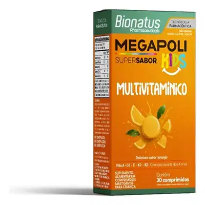 Imagem do produto Suplemento Alimentar Megapoli Kids Multivitamínico Sabor Laranja Bionatus 30 Comprimidos Mastigáveis para Crianças