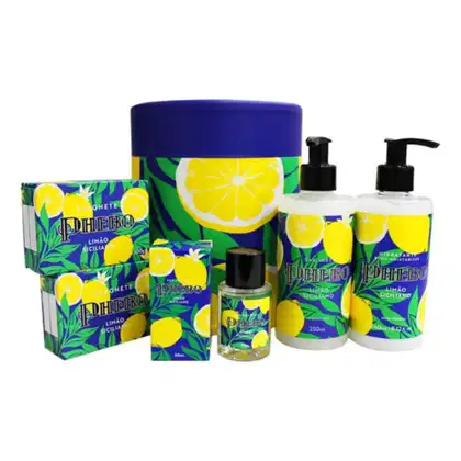 Kit Phebo Limão Siliciliano com embalagens coloridas em azul e amarelo, exibindo limões e folhas verdes. com 1x Hidratante 240g + 1x Sabonete Líquido 250g + 2x Sabonetes 90g + 1x Colônia 30ml.