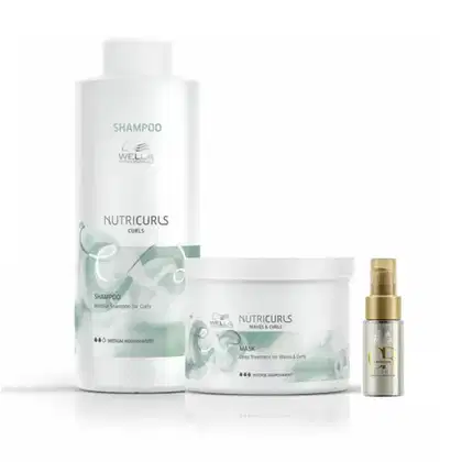 Produtos Wella Professionals Nutricurls: shampoo, máscara e spray em embalagens brancas com detalhes em verde, indicando tratamento para cabelos cacheados e ondulados.