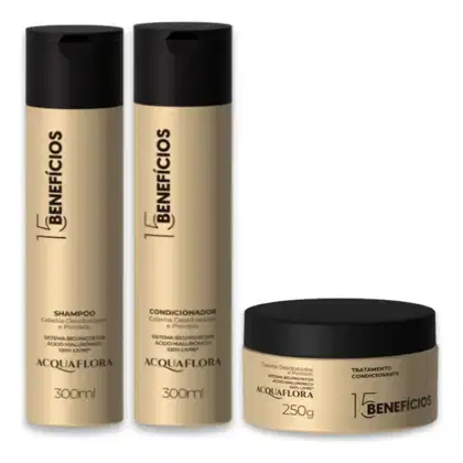 Conjunto de produtos Acquaflora, incluindo shampoo, condicionador e tratamento capilar da linha 15 Benefícios