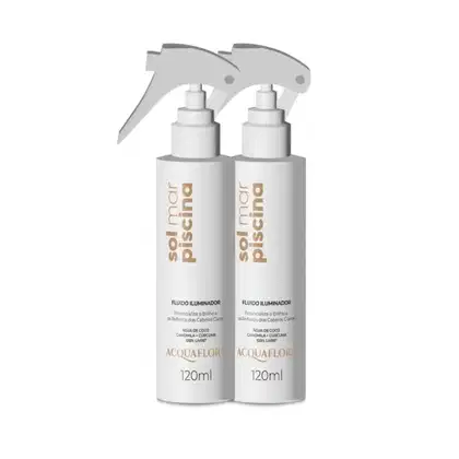 Dois frascos brancos de 120ml da linha Acquaflora, com rótulos indicando "Fluido Iluminador" e "Sol mar piscina", contendo água de coco e vitaminas.