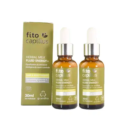 Dois frascos de 30ml da linha Herbal Milk Fluid Energy+ da marca Fito Capillus, com embalagem em caixa verde-oliva e rótulos com informações sobre o produto.