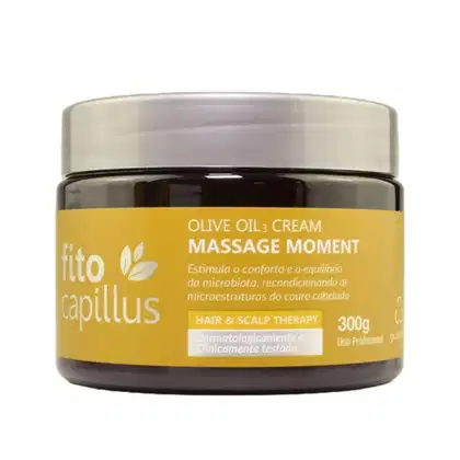 Pote de creme de massagem com óleo de oliva da marca Fito Capillus, com 300g de conteúdo. O rótulo apresenta informações sobre o tratamento capilar e a terapia para o couro cabeludo.