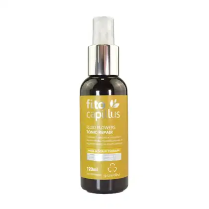 Frasco de 120ml de Fluid Flowers Tonic Repair, da linha Fito Capillus da Grandha, para tratamento capilar e do couro cabeludo. Embalagem preta com rótulo amarelo e detalhes em prata, contendo informações sobre o produto.