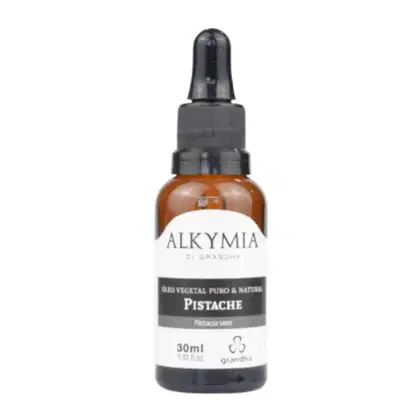 Frasco de óleo vegetal puro e natural de pistache da marca Grandha, com rótulo branco e cinza, apresentado em embalagem de vidro com conta-gotas.