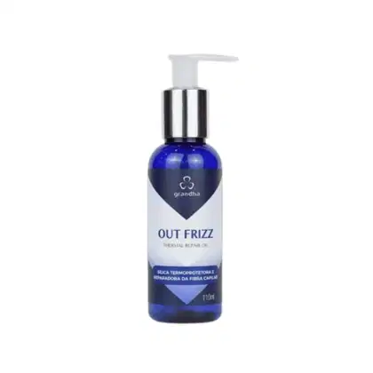 Frasco de óleo de reparação térmica da marca Grandha, com 110ml de volume, em embalagem de plástico azul escuro com rótulo branco e texto "Out Frizz" em destaque.