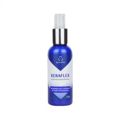 Frasco de 120ml do produto Keraflex, um fluido booster de proteína da marca Grandha, com embalagem azul e branca e rótulo destacando sua ação reparadora.