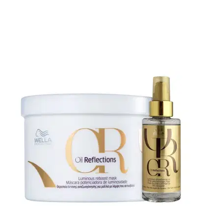 Produtos Wella Professionals: máscara potenciadora de luminosidade Oil Reflections em embalagem branca e frasco de óleo capilar Oil Reflections em embalagem dourada.