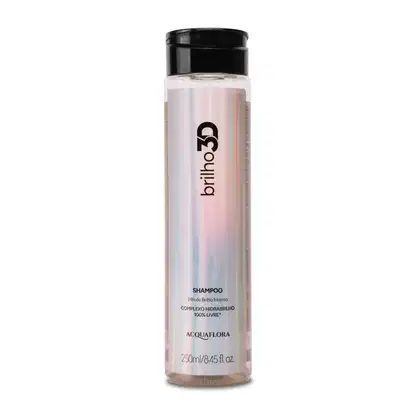 Frasco de shampoo da marca Acquaflora, com rótulo preto e branco, contendo 250ml do shampoo da linha "Brilho 3D"