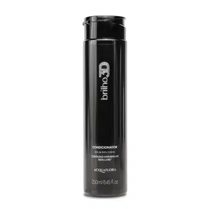 Frasco preto de condicionador da marca Acquaflora, com rótulo em destaque exibindo o nome "Brilho 3d" e informações sobre o produto, como "Complexo Hidrabrilho 100% livre".