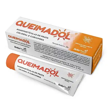 Caixa de papelão branca e laranja contendo pomada Queimadol, com nanopartículas de prata e curcumina, da marca BellaPhytus. O produto é indicado para proteção e restauração da pele.