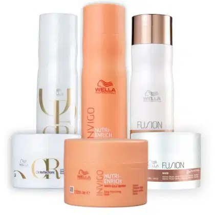Produtos Wella Professionals: frasco branco de Óleo Reflections, frasco laranja de Nutri-Enrich, frasco branco e dourado de Fusion e pote laranja de Nutri-Enrich, todos com logotipo da marca.