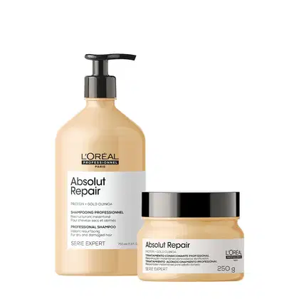 Conjunto de produtos L'Oréal Professionnel da linha Absolut Repair, incluindo um frasco de shampoo com bomba e um pote de tratamento condicionante, ambos com embalagens em tons de bege e preto.