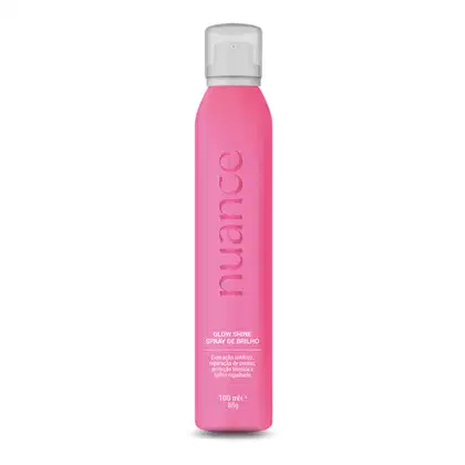 Spray de brilho da marca Nuance Professional, com o nome "Glow Shine". O frasco é de cor rosa vibrante, com um aplicador na parte superior. O texto no rótulo indica que o produto possui ação antifrizz, reparação de pontas e proteção térmica e brilho.