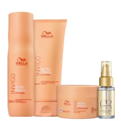 Produtos da linha Nutri-Enrich da Wella Professionals, incluindo shampoo, condicionador, máscara e óleo em embalagens de cores laranja e branca com o logotipo da marca.