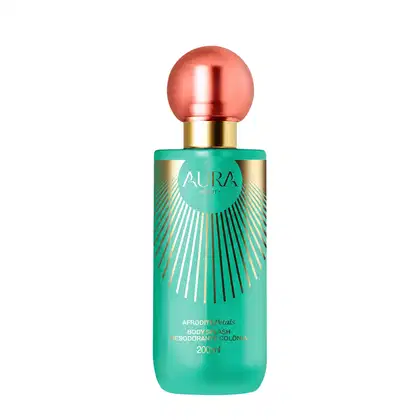 Frasco de item de perfumaria da marca Aura Beauty, com formato esférico e tampa dourada, em tonalidades de verde e rosa, exibindo texto "Afrodite Petals Body Splash" no rótulo.