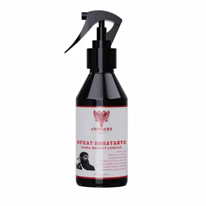 Spray hidratante para barbas longas da marca Cavalera, em frasco preto com rótulo branco e vermelho, com informações sobre o produto e seu uso.