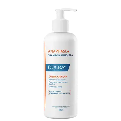 Frasco branco de 400 mL com bomba doseadora, contendo shampoo antiqueda da linha Anaphase+ da Ducray. Rótulo em azul e laranja destaca os benefícios do produto para queda capilar e fortalecimento dos fios.