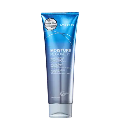 Frasco de condicionador Joico Moisture Recovery para cabelos grossos e secos, com embalagem azul e branca, rótulo destacando o "Selo de Originalidade World Comexx" e informações sobre o produto.