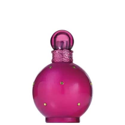 Perfume em frasco de vidro arredondado na cor rosa vibrante. O frasco possui detalhes decorativos rendados em volta do gargalo e pequenos cristais dourados incrustados no corpo. A tampa superior é uma esfera de vidro rosa escuro.