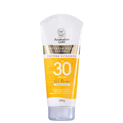 Protetor solar corporal em embalagem de tubo plástico branco com detalhes em amarelo. Gel creme com fator de proteção solar 30, textura ultraleve, resistente à água e suor. Fórmula antioxidante e de rápida absorção.