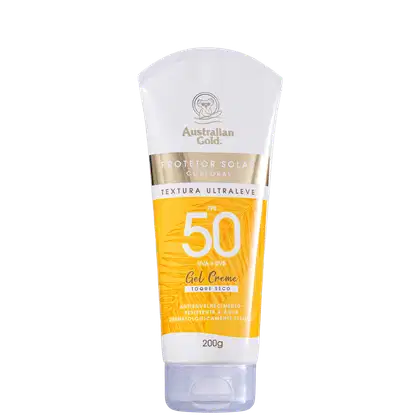 Protetor solar corporal da marca Australian Gold, com fator de proteção 50 contra raios UVA e UVB. Embalagem em tubo plástico branco e amarelo. Textura gel creme, toque seco.