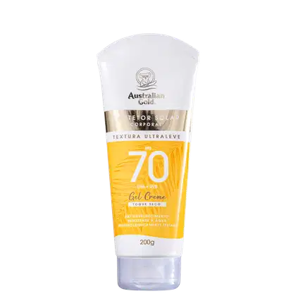 Protetor solar corporal da marca Australian Gold, com fator de proteção 70 contra raios UVA e UVB. Embalagem em tubo plástico branco e amarelo. Textura gel creme, toque seco.