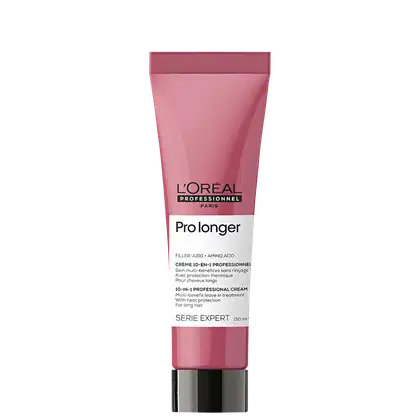Tubo rosa da linha Serie Expert da L'Oréal Professionnel Paris, contendo o produto Prolonger, um creme de tratamento profissional de 10-em-1 para cabelos longos, com proteção térmica.