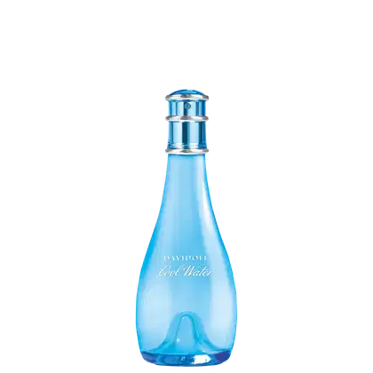 Frasco de perfume Davidoff Cool Water, com design elegante e formato cilíndrico em tons de azul, destacando o nome da fragrância em letras brancas.