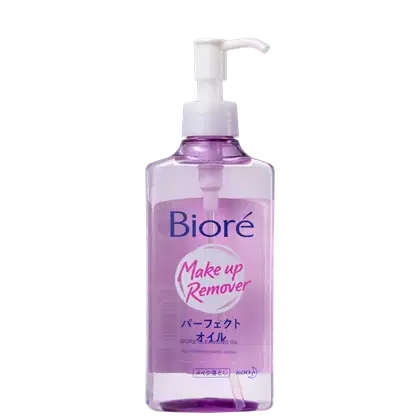 Embalagem plástica transparente com líquido lilás dentro. Bomba dosadora branca na parte superior. Rótulo com o nome do produto "Make up Remover" e a descrição "Bioré Perfect Oil" em inglês e japonês.