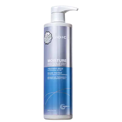 Frasco de tratamento capilar Joico Moisture Recovery, com bomba doseadora, em tonalidades de azul e prata, com rótulo destacando o nome do produto e informações sobre seu uso.